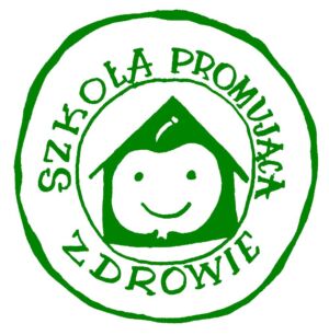 szkola-promujaca-zdrowie-logo Zielone, okrągłe logo z napisem Szkoła Promująca Zdrowie i rysunkiem uśmiechniętego jabłka-domku.