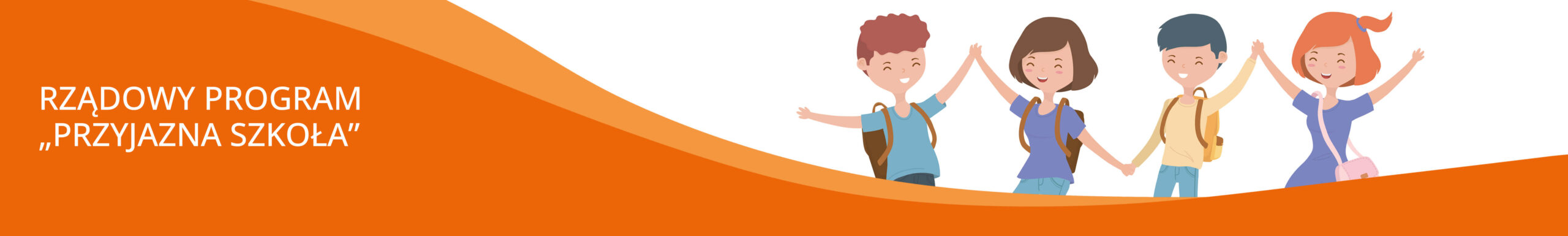 Baner Rządowego Programu Przyjazna Szkoła z ilustracją czworga uśmiechniętych uczniów trzymających się za ręce.