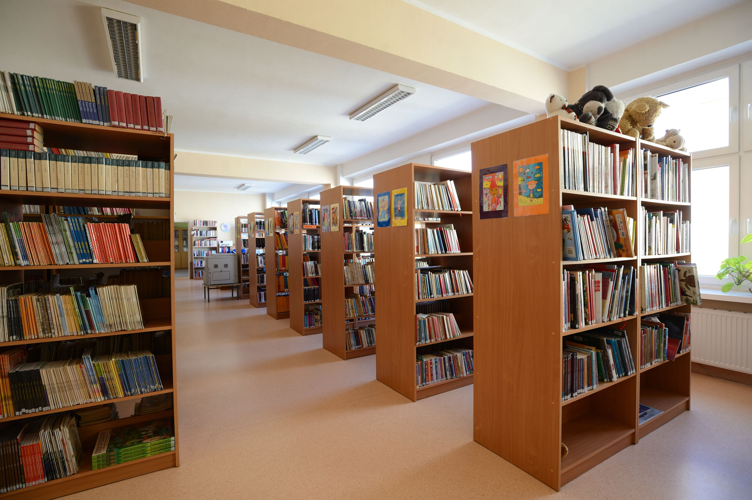 Przestronne wnętrze biblioteki szkolnej z licznymi drewnianymi regałami wypełnionymi książkami.