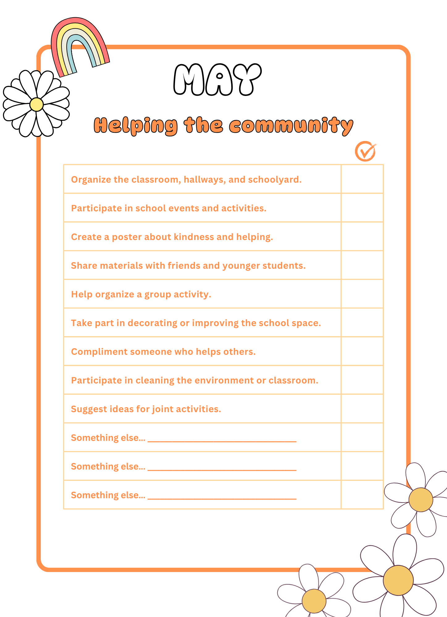 13 Angielskojęzyczna karta pracy na maj z listą kontrolną zatytułowaną "Helping the community", zawierająca zadania dla uczniów związane z dbałością o wspólną przestrzeń szkolną.