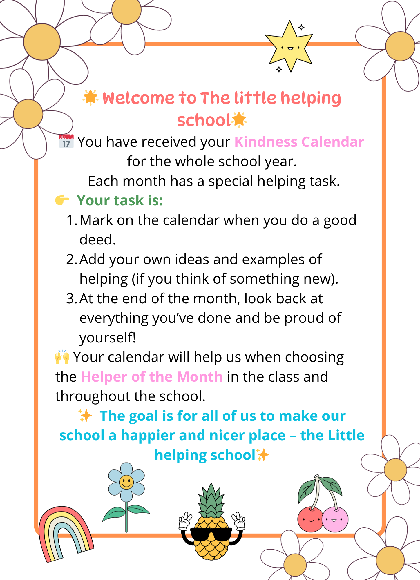 4 Angielskojęzyczny plakat informacyjny zatytułowany "Welcome to The little helping school", opisujący zasady szkolnego Kalendarza Życzliwości (Kindness Calendar).