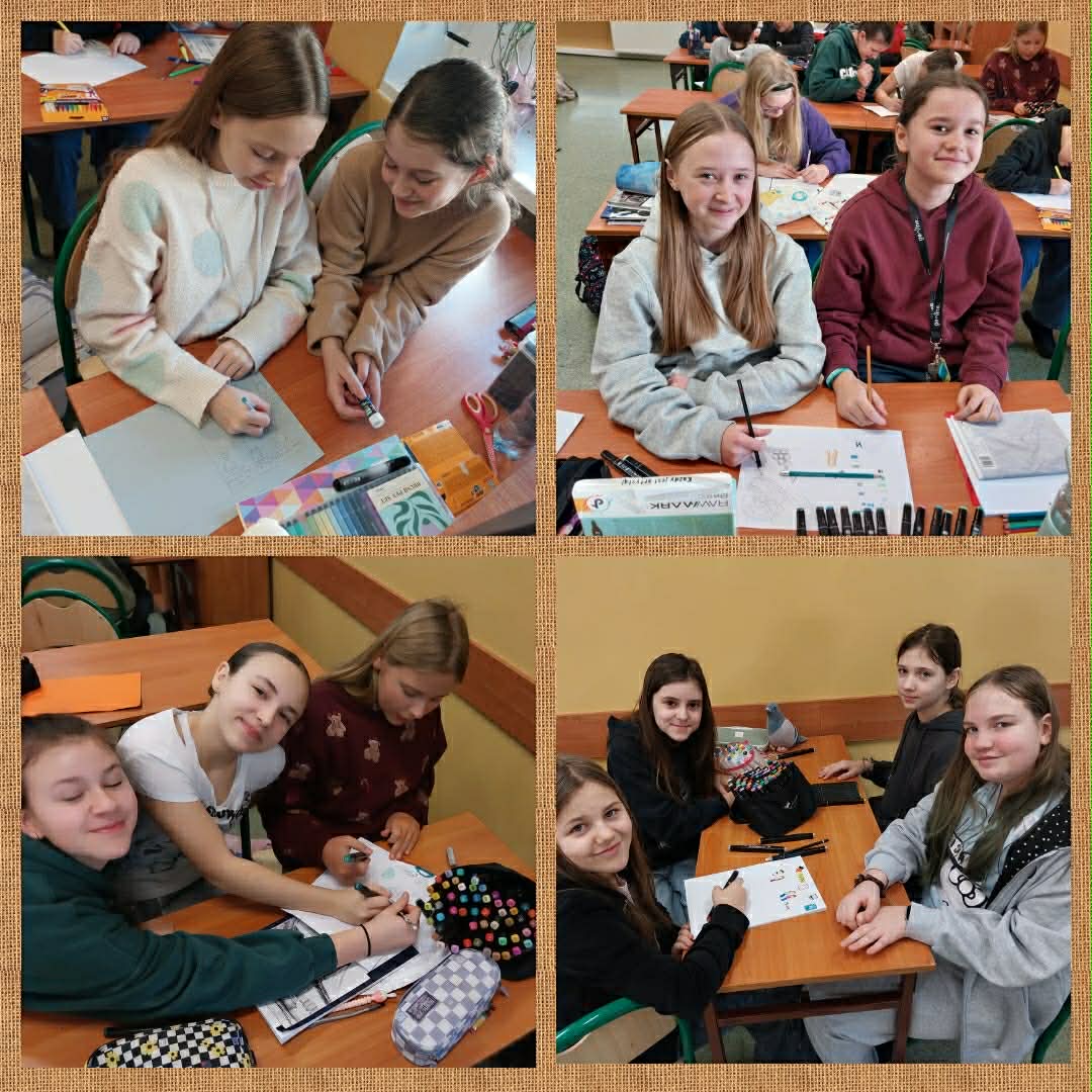 50e689d5-0f4f-41c9-a0bb-fa85b928a961 Kolaz czterech zdjęć przedstawiających uczennice pracujące w parach i grupach nad rysunkami i notatkami przy stolikach.