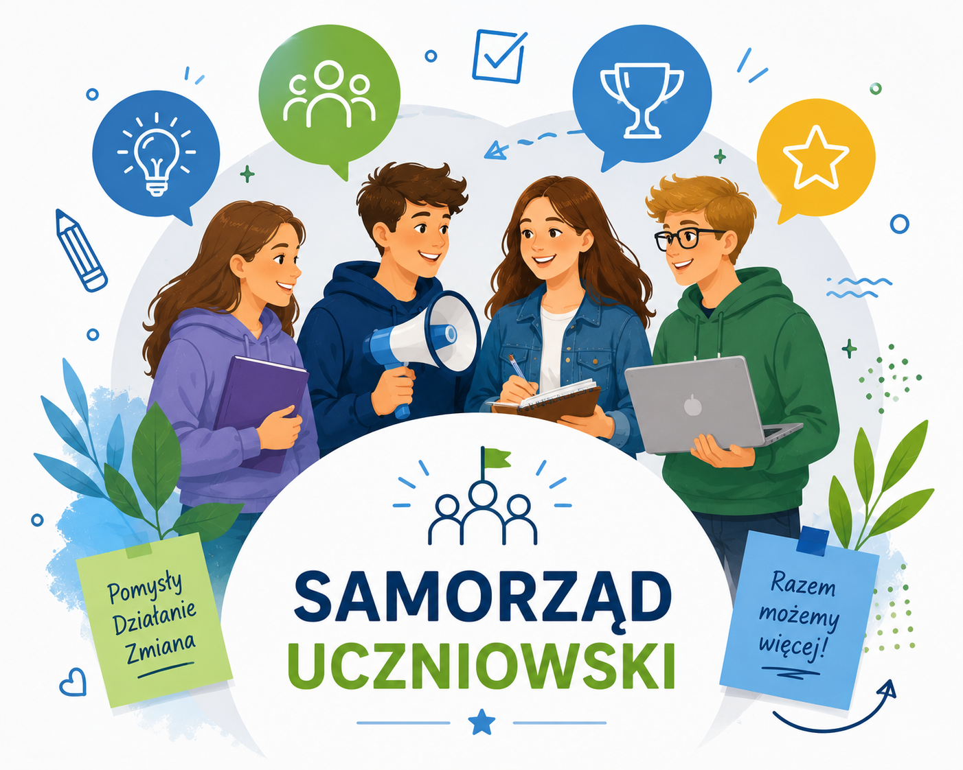 Ilustracja z napisem "Samorząd Uczniowski". Grupa współpracujących uczniów z megafonem i laptopem. Na grafice widnieją hasła "Pomysły Działanie Zmiana" oraz "Razem możemy więcej!".
