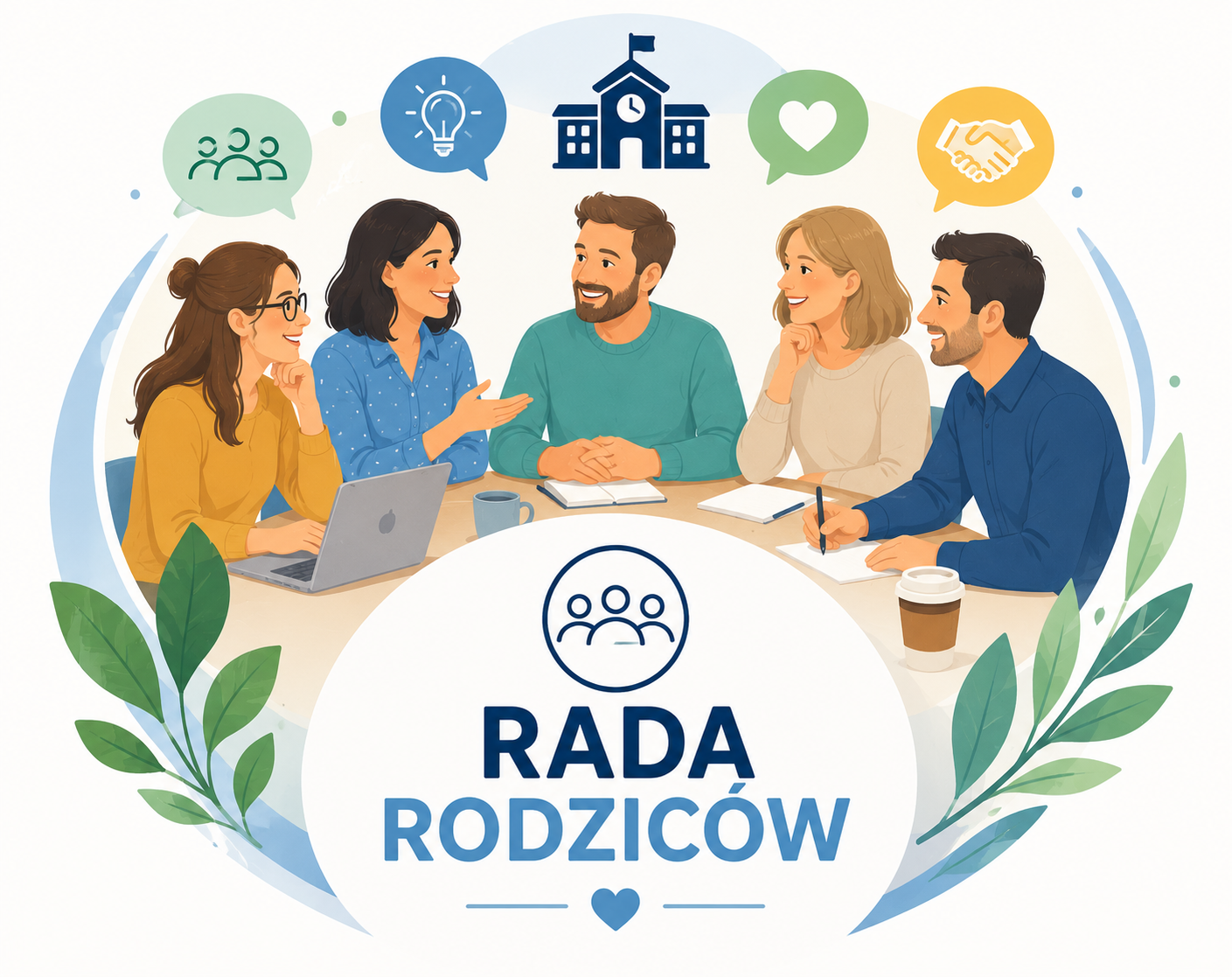 Ilustracja z napisem "Rada Rodziców". Przedstawia grupę dorosłych osób uśmiechających się i dyskutujących przy wspólnym stole.