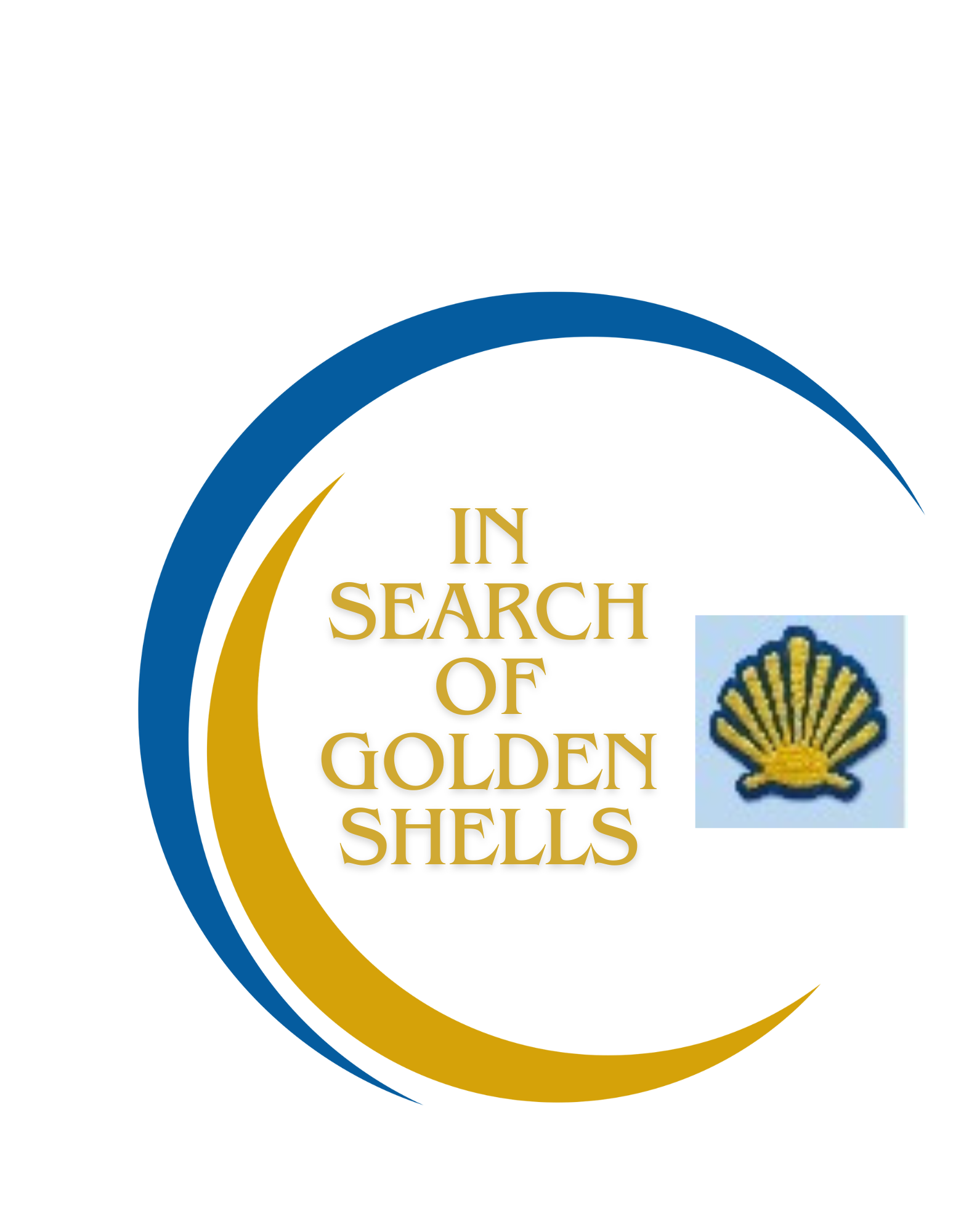 Logo projektu "In search of golden shells" z motywem złotej muszli otoczonej niebieskim i złotym łukiem.