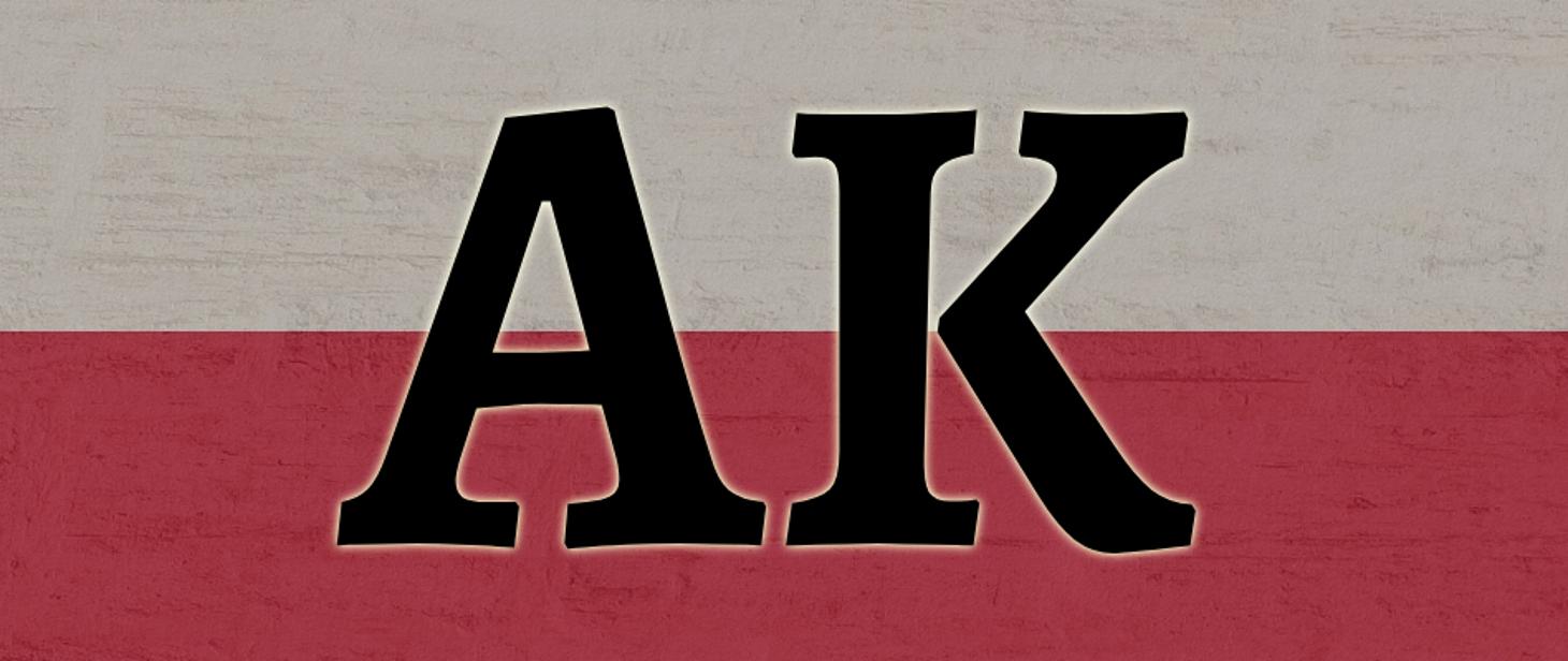 Duże, czarne litery AK w kroju szeryfowym na tle zniszczonej, teksturowanej białej i czerwonej flagi Polski
